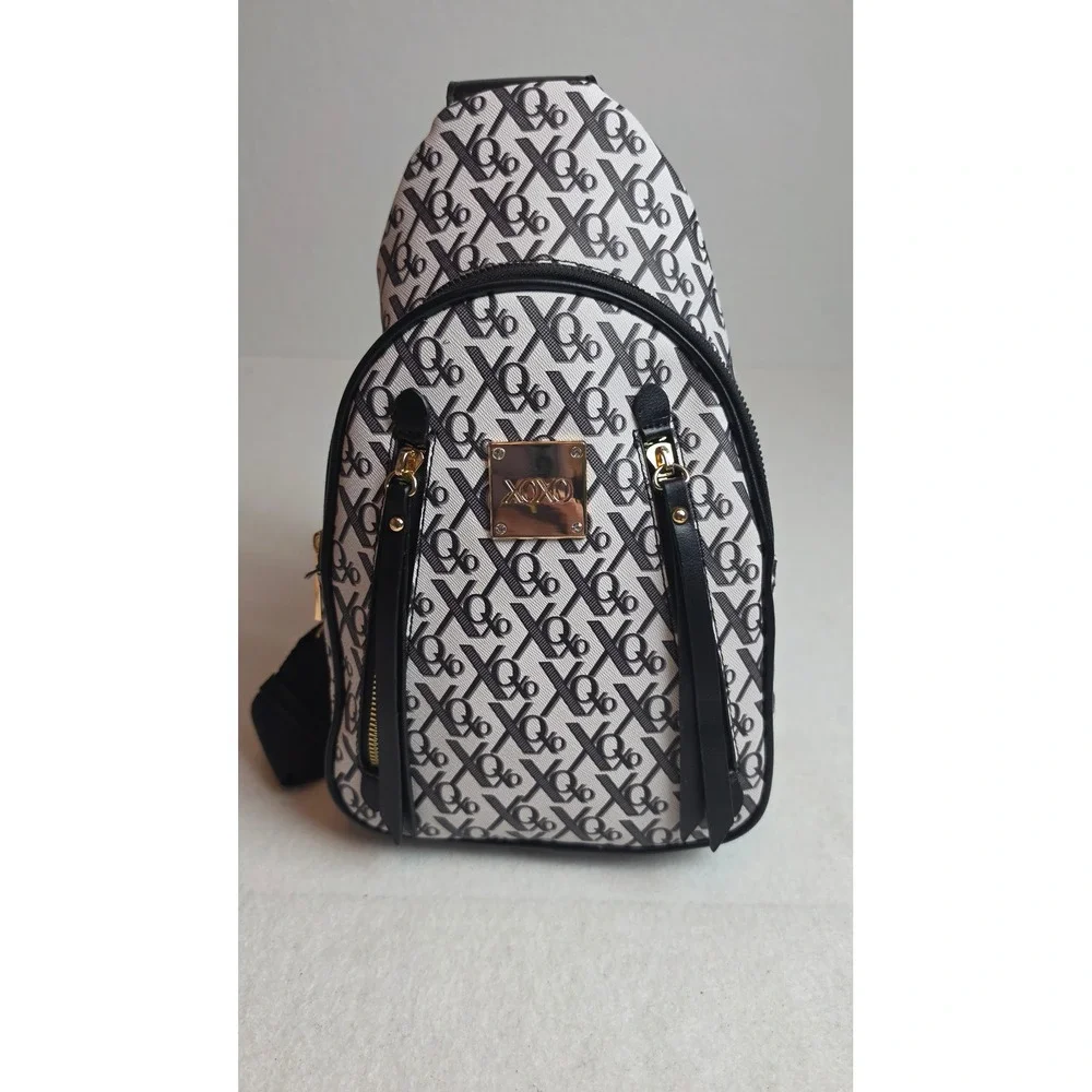 XOXO Monogram Sling Backpack Black White Gold Tone Logo Adjustable Strap NWT